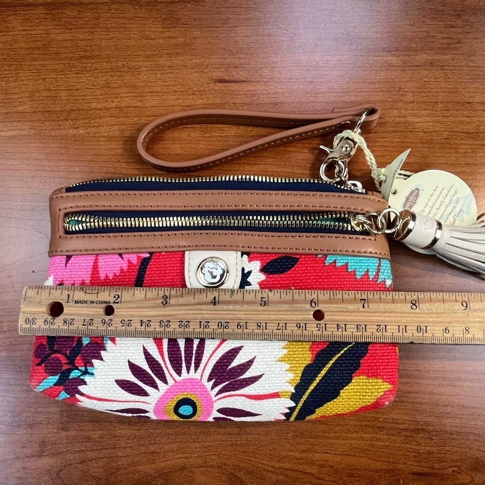 NWT Spartina Floral Natural Linen Genuine Leather Clutch Detachable Strap Tassel - Picture 11 of 13